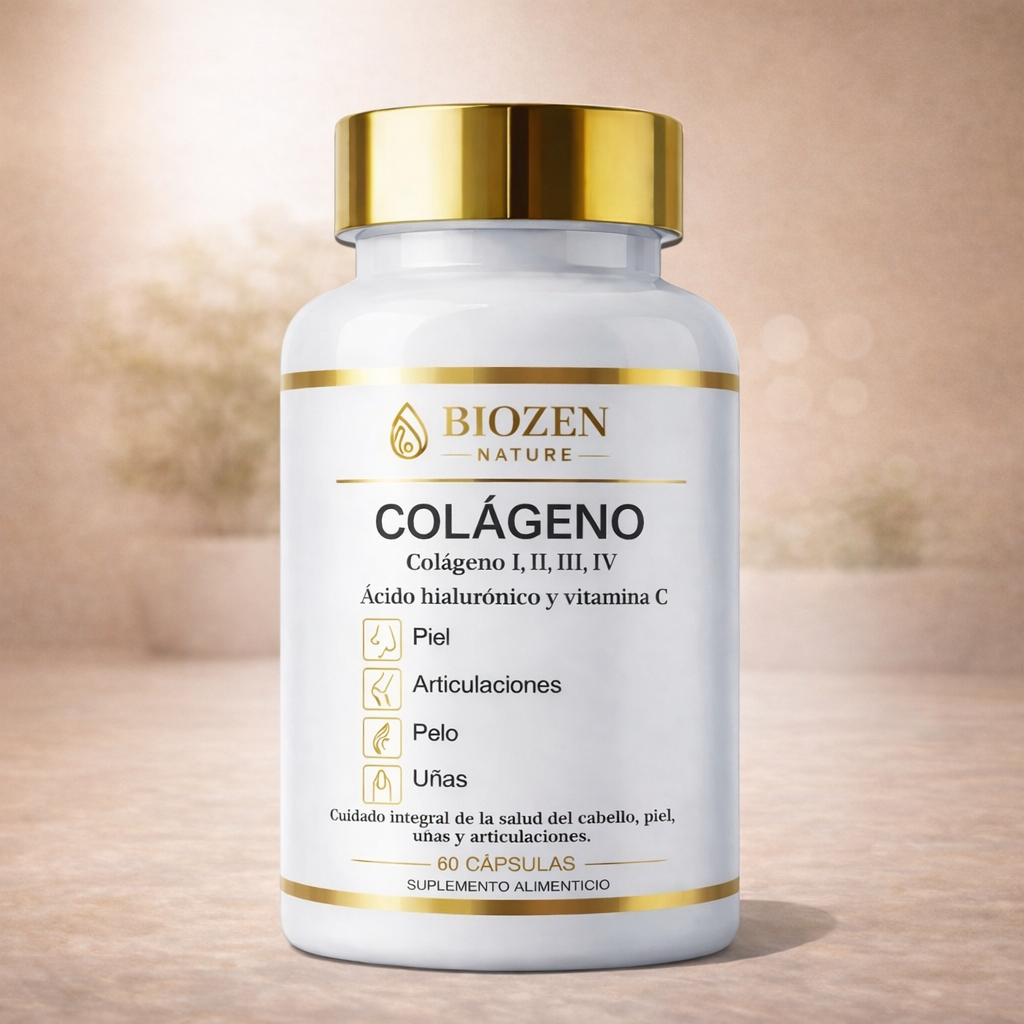 Producto de Biozen Nature con fondo elegante de tonos rosas e iluminación.